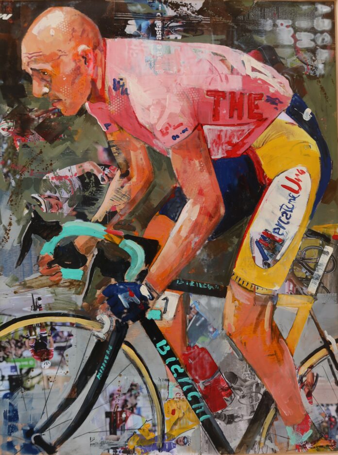N.2 MIGUEL SORO Marco Pantani in maglia rosa, 90x120 cm, tecnica mista